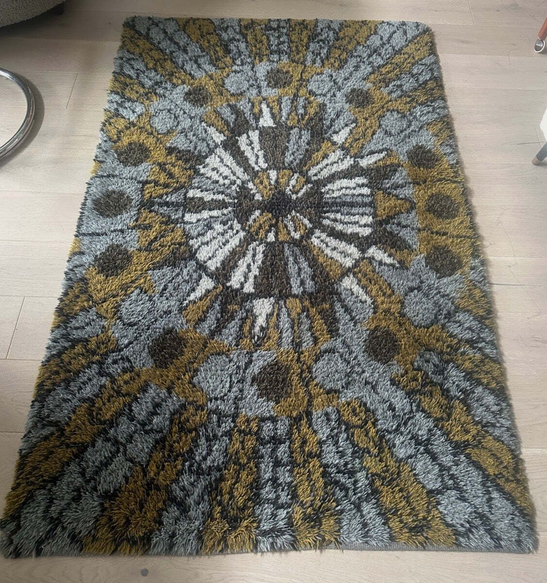 1960s Vintage Mid Century Scandinavian Rya Shagpile "Sun Dial" Knotted Wool Rug photo for sale