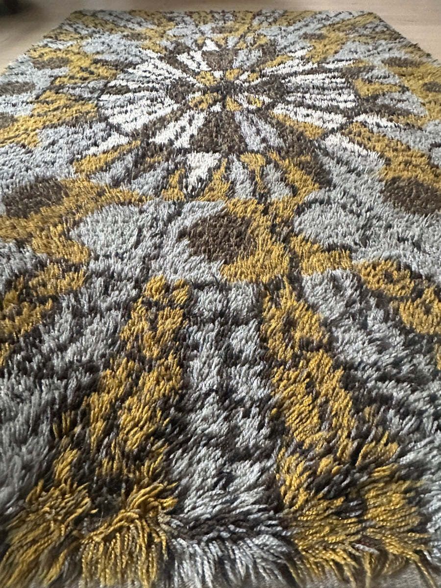 photo for sale 1960s Vintage Mid Century Scandinavian Rya Shagpile "Sun Dial" Knotted Wool Rug