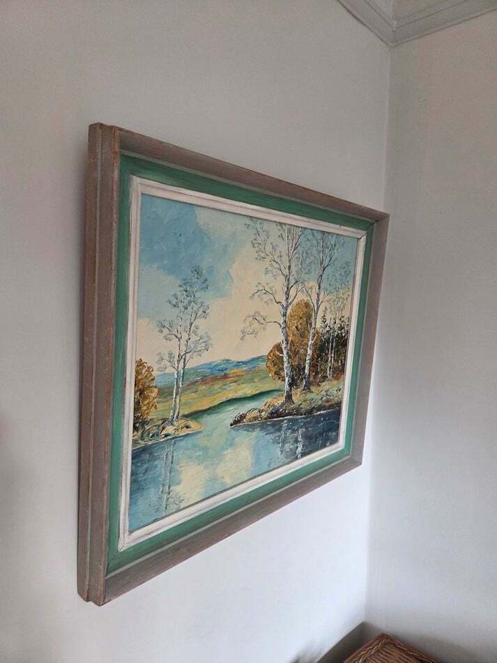 Vintage Swedish Oil Painting Of A Lake Scene photo furniture