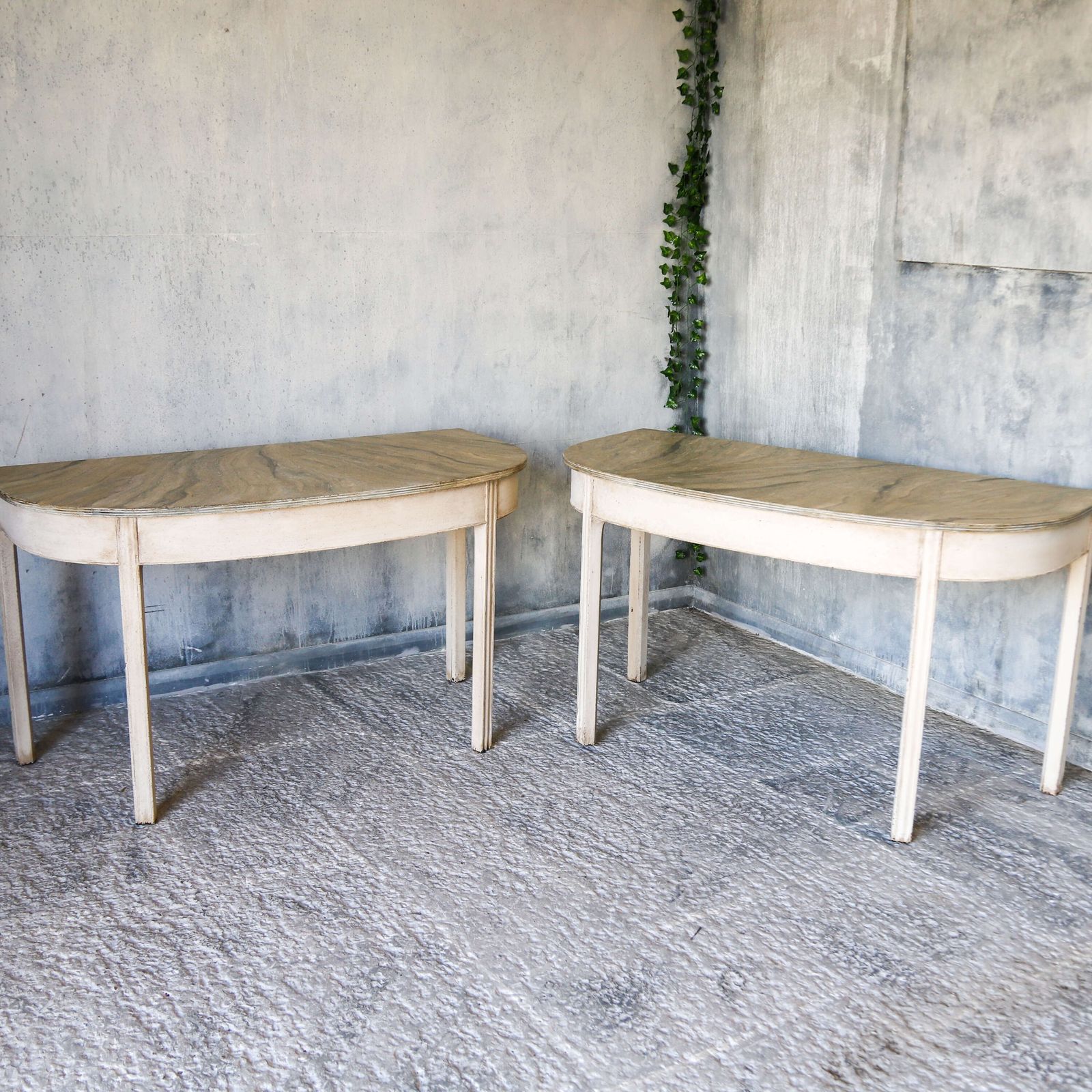 Furniture Pair Of Georgian Demi Lune Console Tables   Hand Painted Faux Marble Tops Marlborough Legs photo