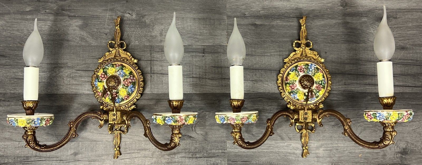 Pair Of Wall Lights Vintage Spanish Porcelain Brass Floral Sconces Lot 4415