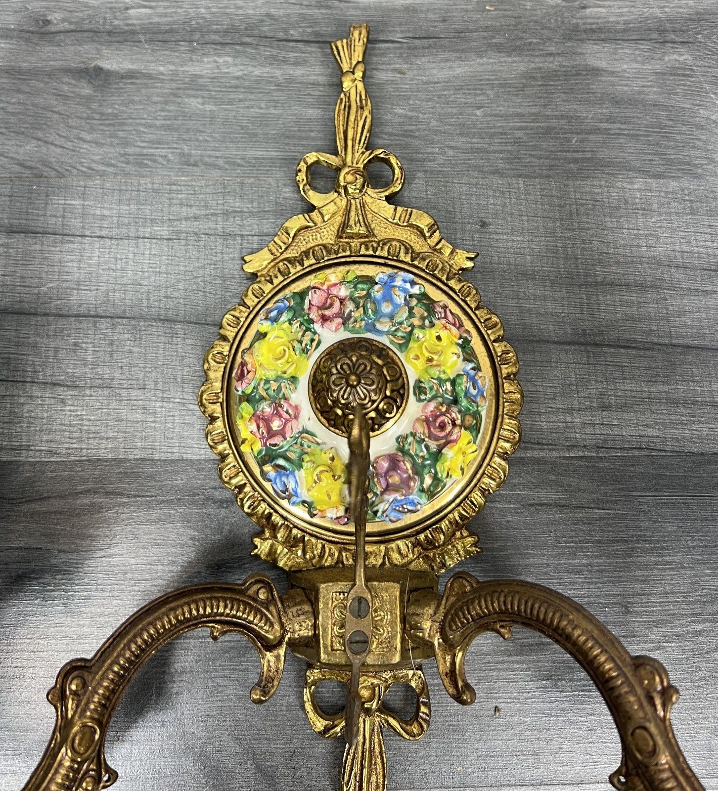 Pair Of Wall Lights Vintage Spanish Porcelain Brass Floral Sconces Lot 4415 photo 249.0