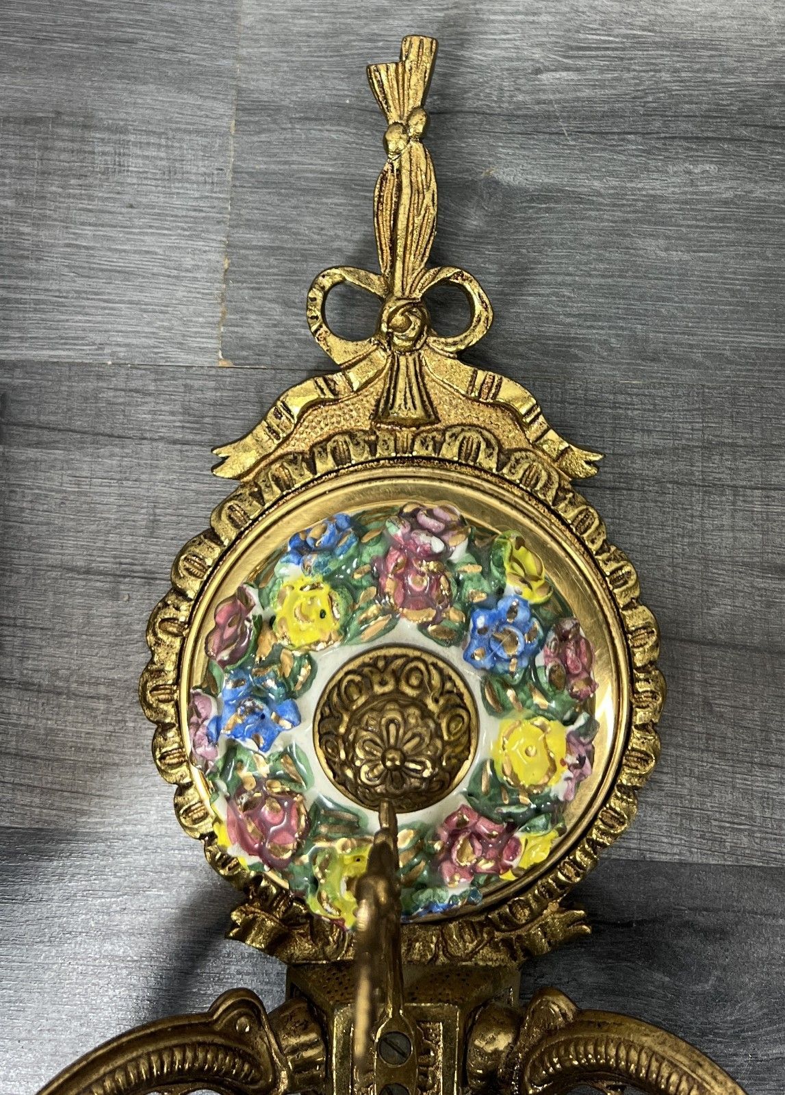 Pair Of Wall Lights Vintage Spanish Porcelain Brass Floral Sconces Lot 4414 photo Lighting