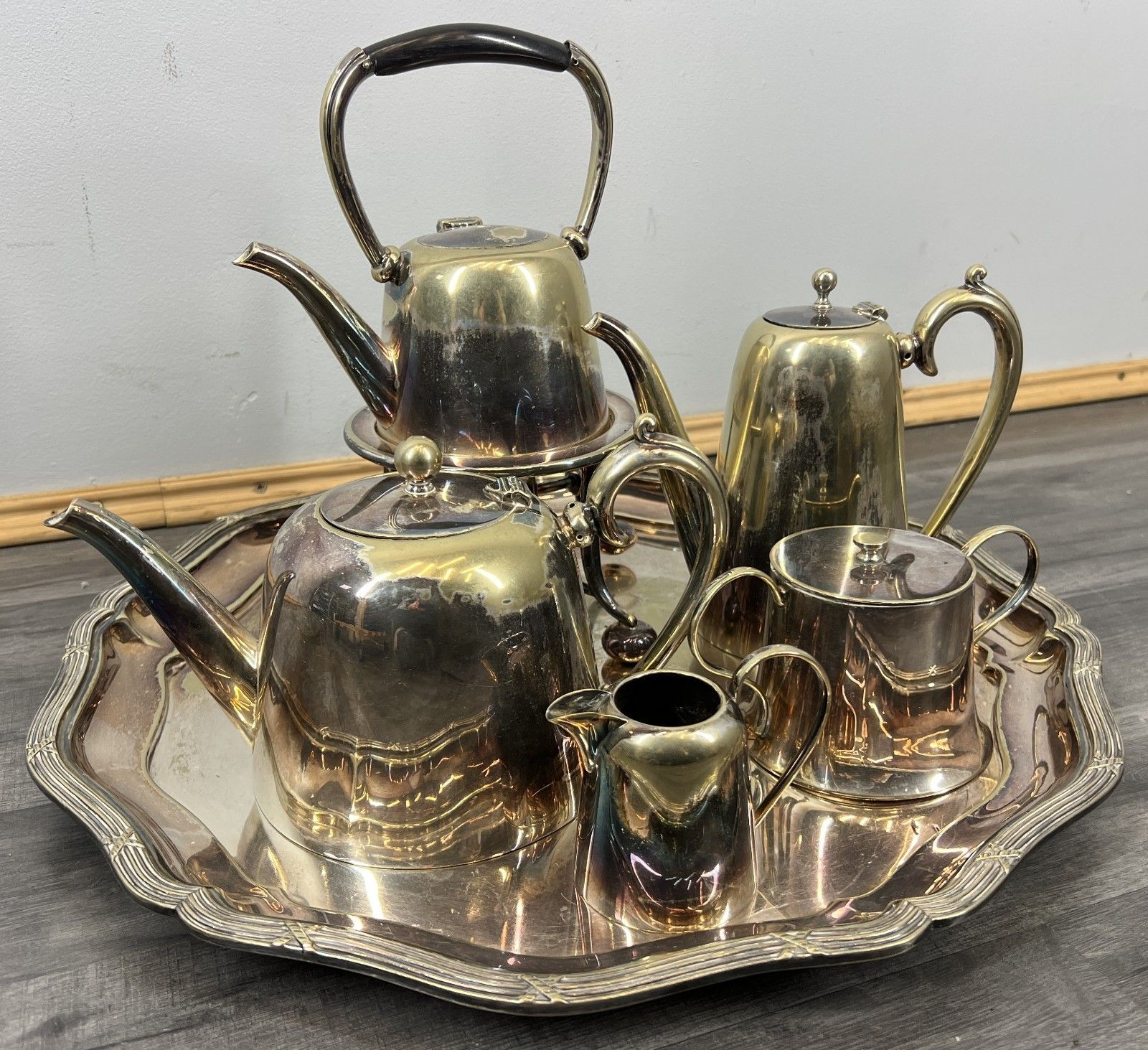 Vintage French Tea And Coffee Set Silver Plated 6 Piece With Tray Lot 4417 photo furniture