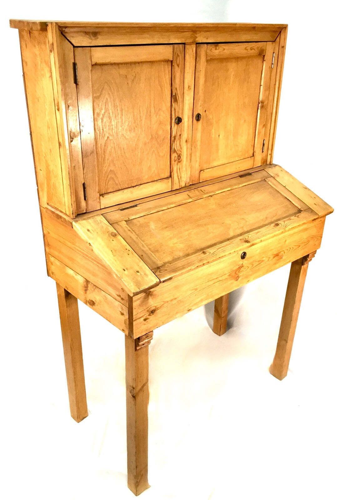 Antique French Pine Wooden Clerks Shop Desk / Storage Cabinet With Key C.1900 photo furniture