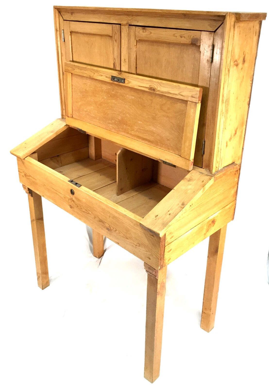 photo furniture Antique French Pine Wooden Clerks Shop Desk / Storage Cabinet With Key C.1900