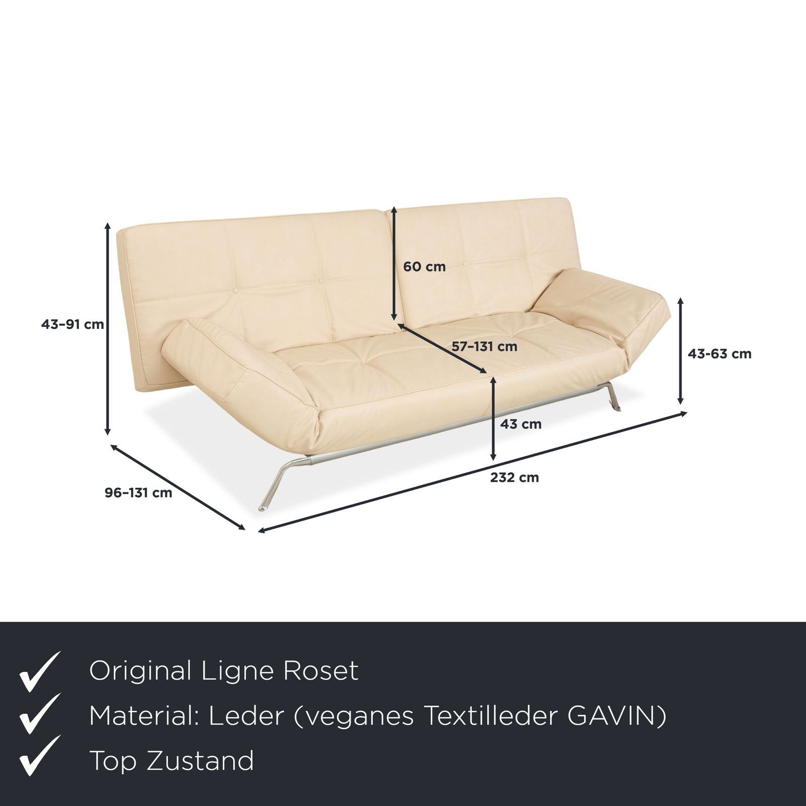 Canapé Ligne Roset Smala 3 places en simili cuir vegan crème beige, fonction manuelle, retapissage Gavin photo furniture