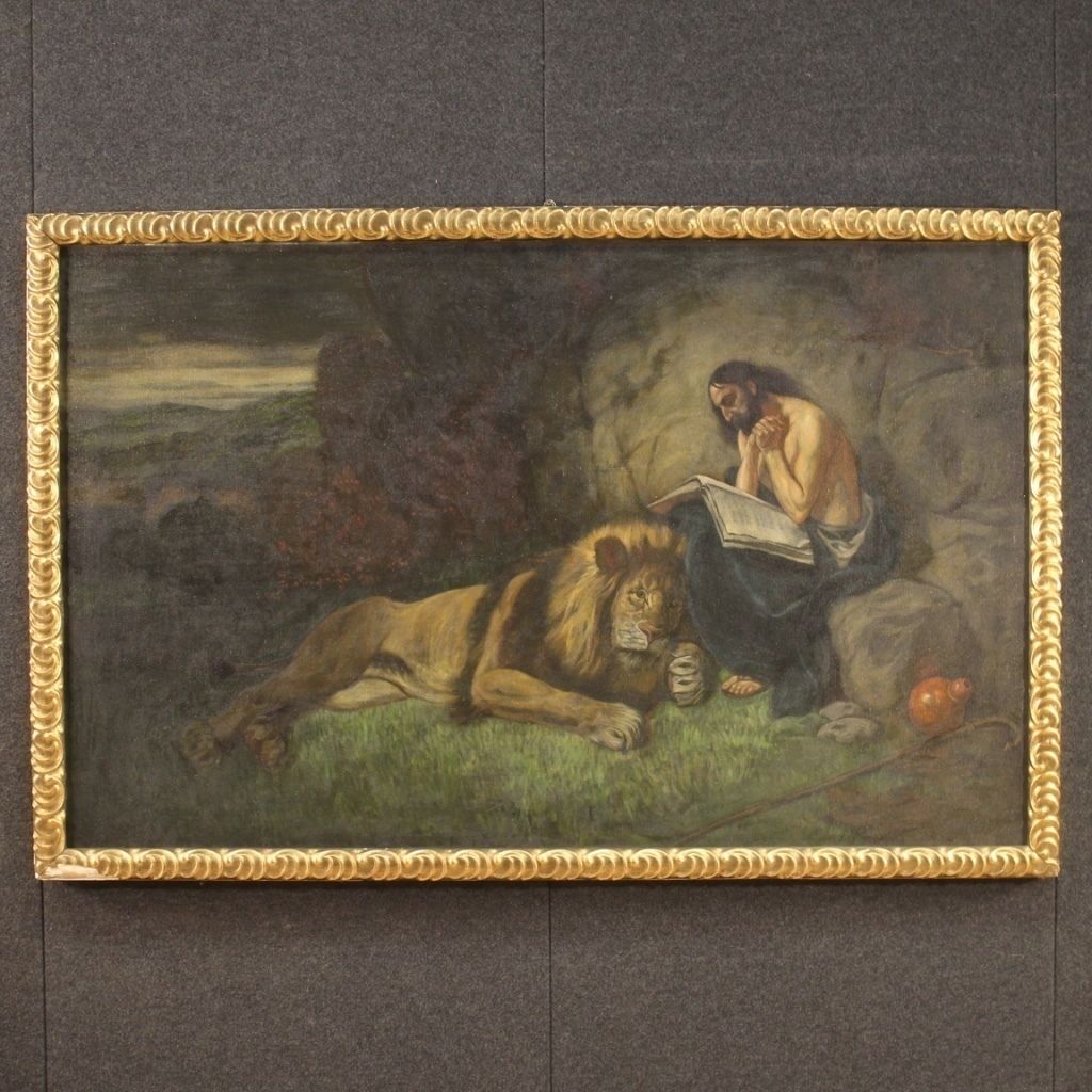 Italian Religious Painting Saint Jerome With Lion From 20th Century
