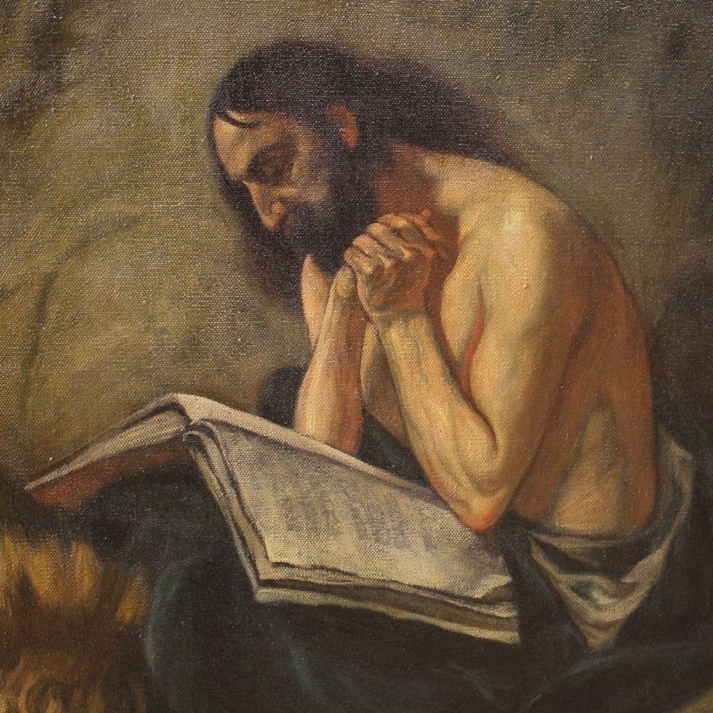 Italian Religious Painting Saint Jerome With Lion From 20th Century photo buy