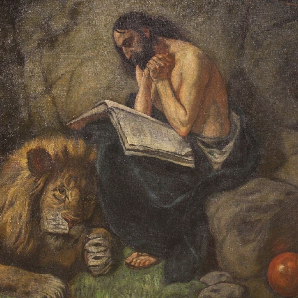 photo for sale Italian Religious Painting Saint Jerome With Lion From 20th Century