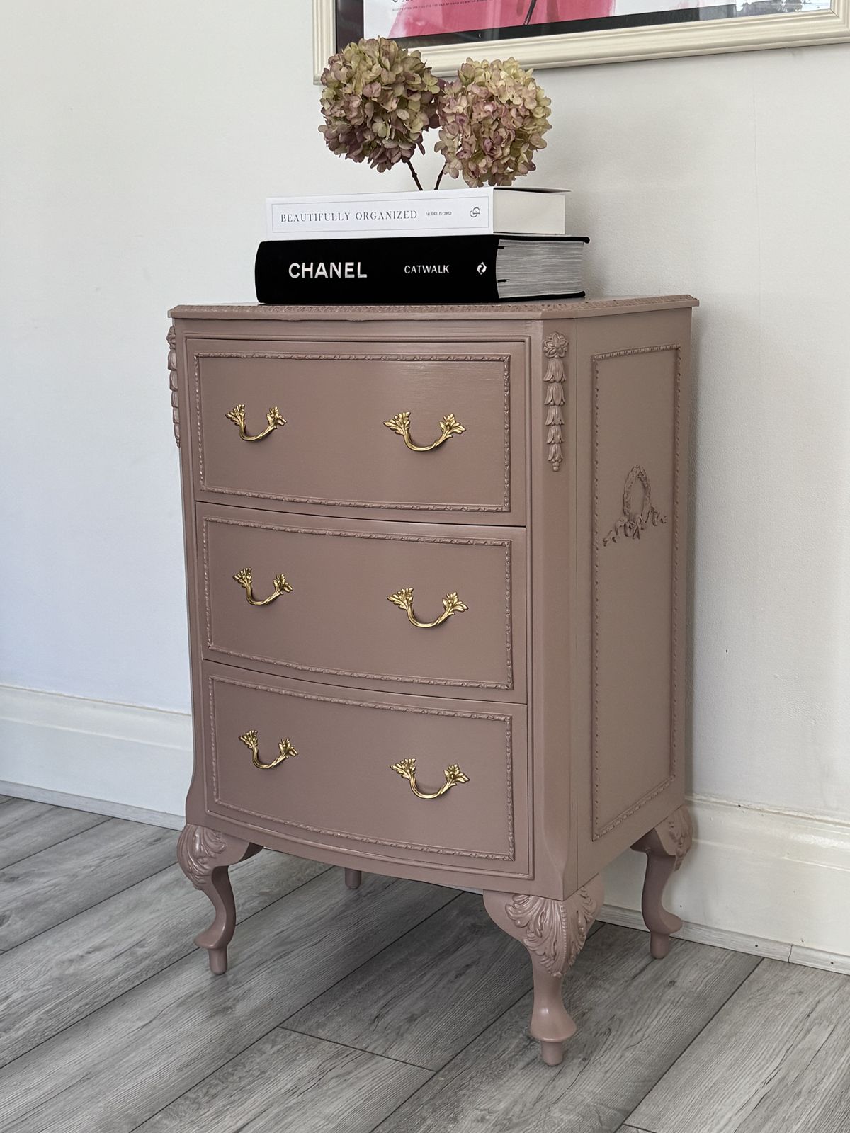 Olympus, French Bedside Cabinets, Bedside Tables, Chest Of Drawers Hand Painted In Damask, Dusty Pink photo buy