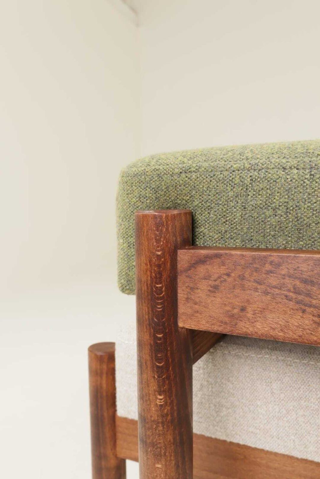 Set Two Footrest In Vintage Style, Boucle Upholstery, Wooden Pouffe photo vinterior