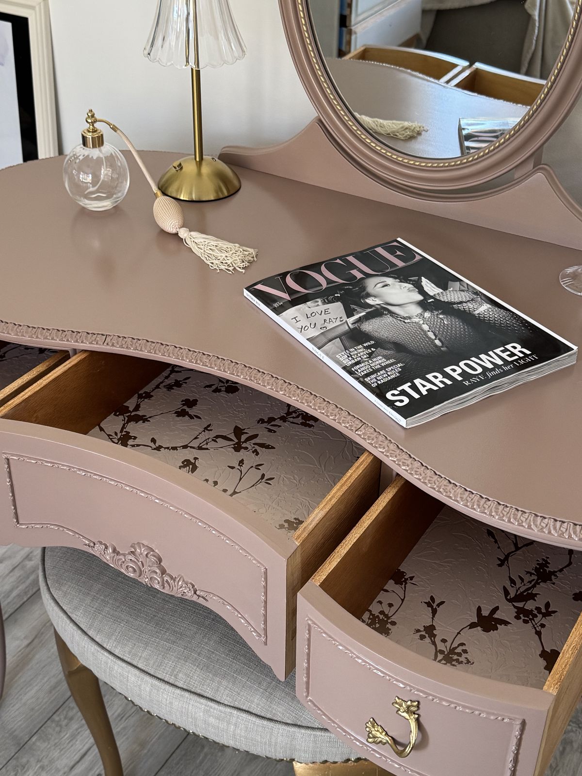 French Romantic Olympus Dressing Table, Hand Painted In Dusty Pink From Fusion Mineral Paint   Damask photo furniture