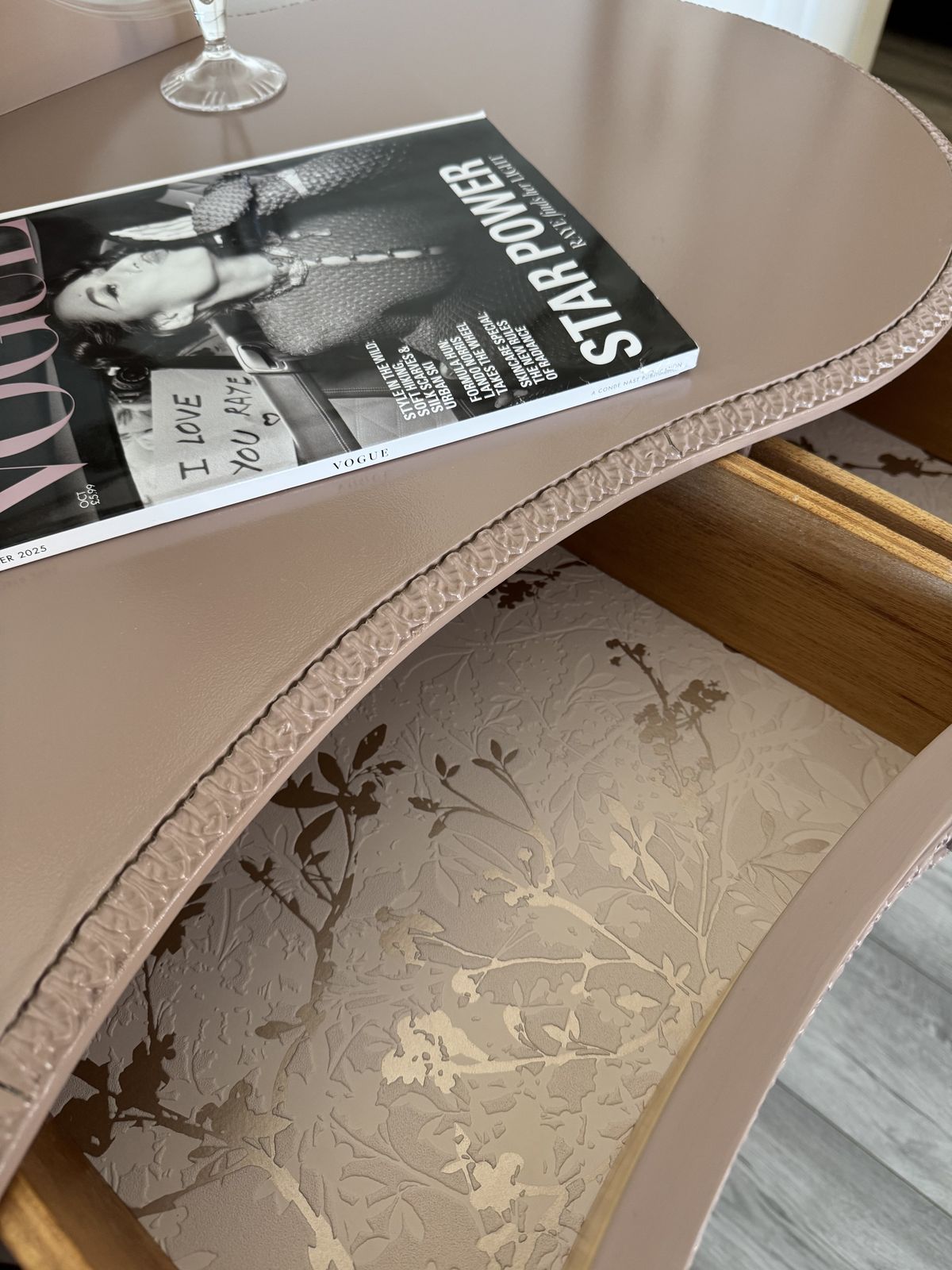 French Romantic Olympus Dressing Table, Hand Painted In Dusty Pink From Fusion Mineral Paint   Damask photo for sale