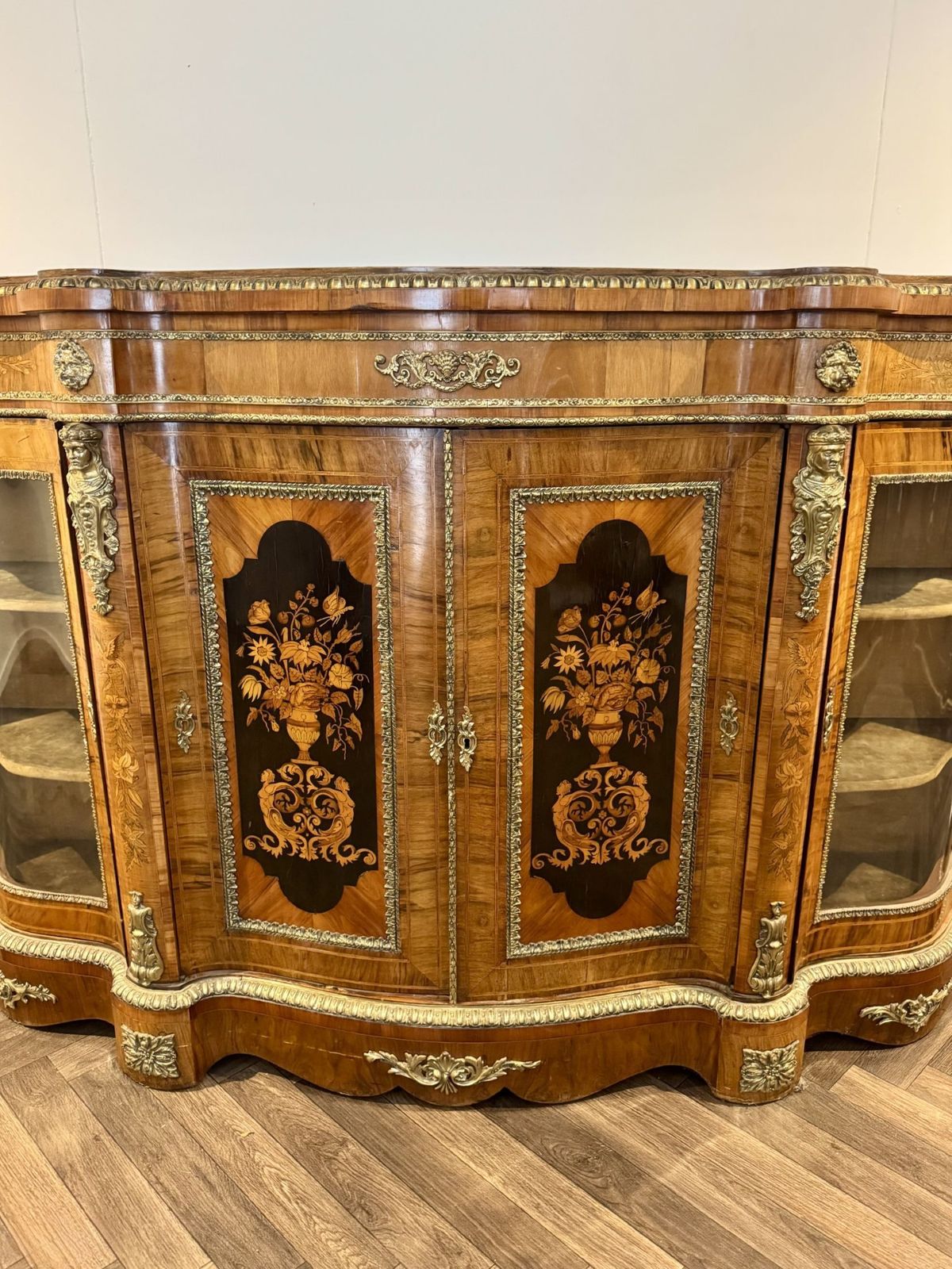 Exceptional Quality Pair Of Antique Walnut Marquetry Inlaid Credenzas photo vinterior
