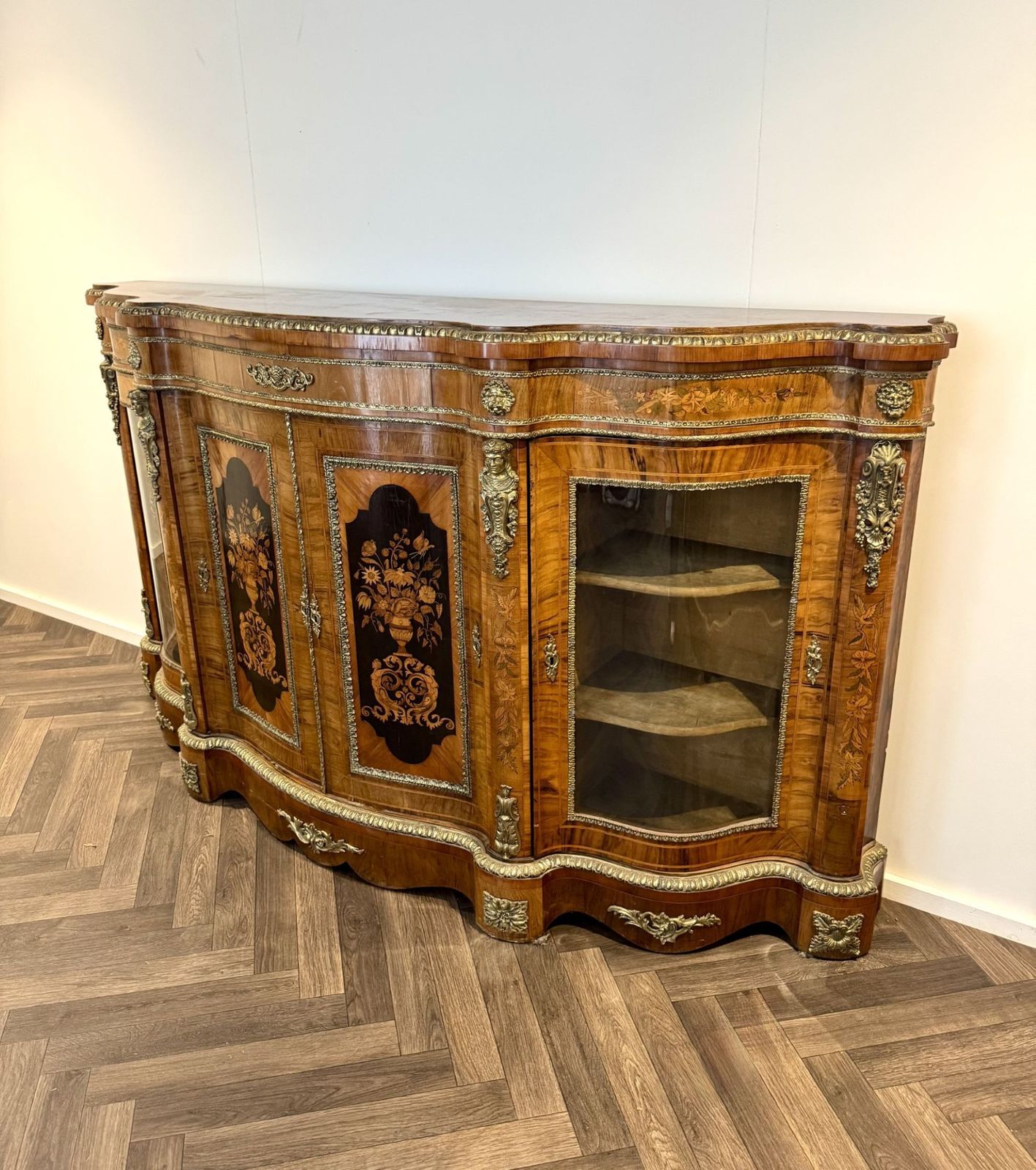 Exceptional Quality Pair Of Antique Walnut Marquetry Inlaid Credenzas photo vintage