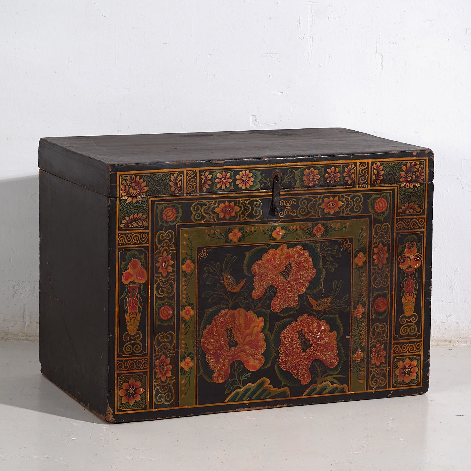 Antique Wooden Box With Illustrations Of Peonies (China, C.1900) #5