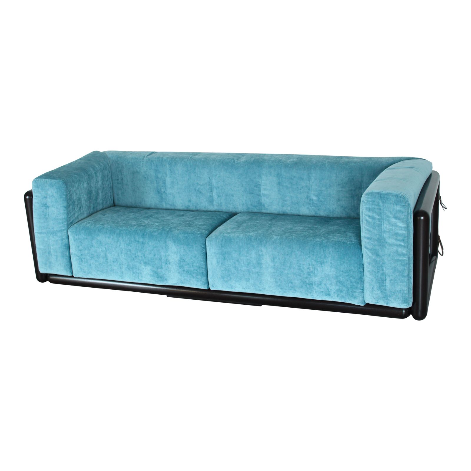 Carlo Scarpa Cornaro Two Seater Sofa In Iroko Wood And Azure Velvet For Studio Simon, 1974 photo for sale
