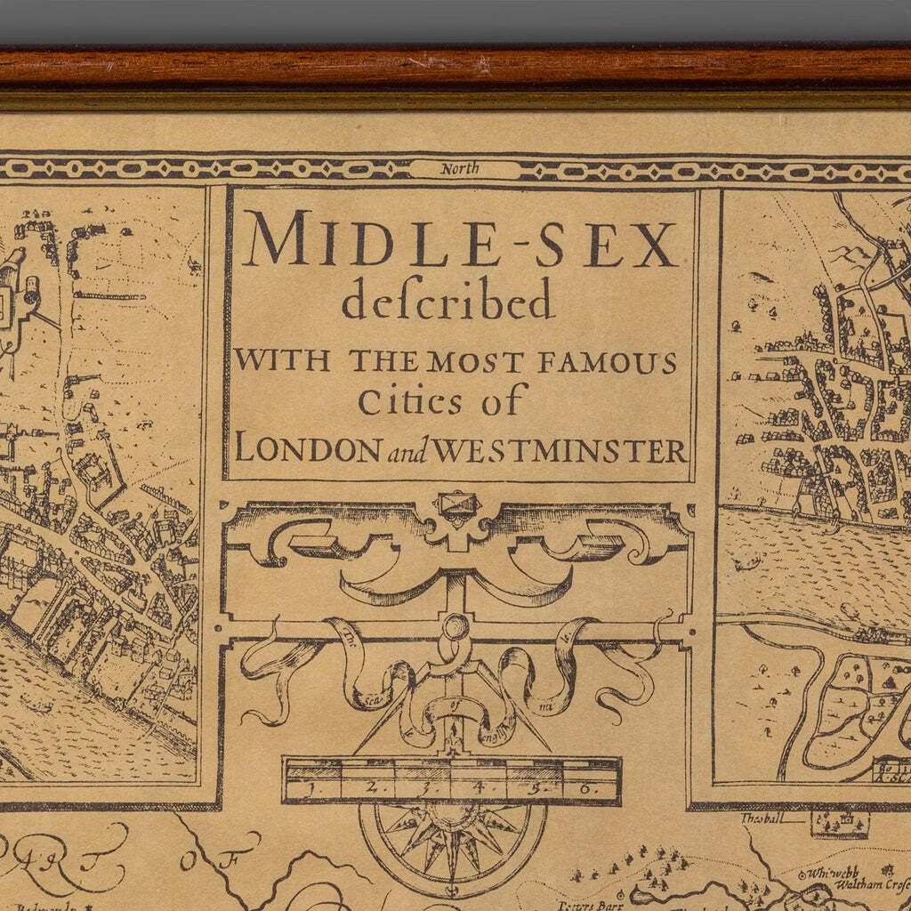 Vintage County Map, Middlesex, English, Framed 16th Century Print, John Norden photo Art