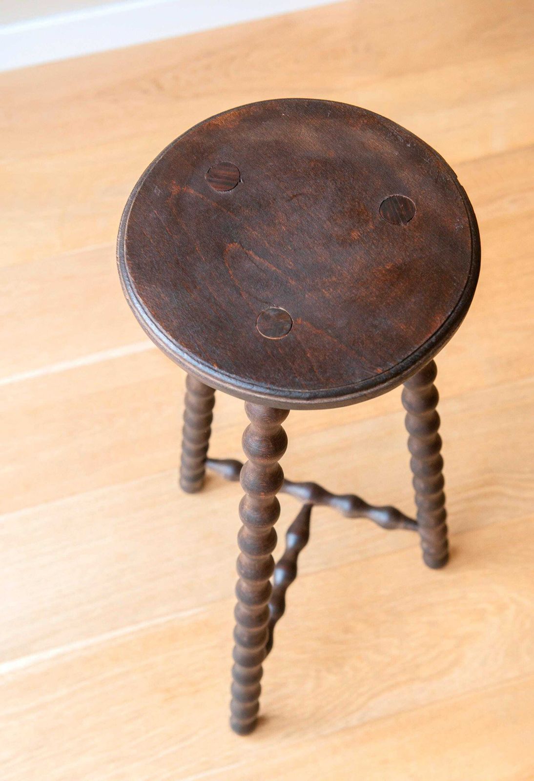 photo for sale Tall Bobbin Plant Stand Wooden Milking Stool With Turned Legs French Oak Side Table Country Cottage Home Decor