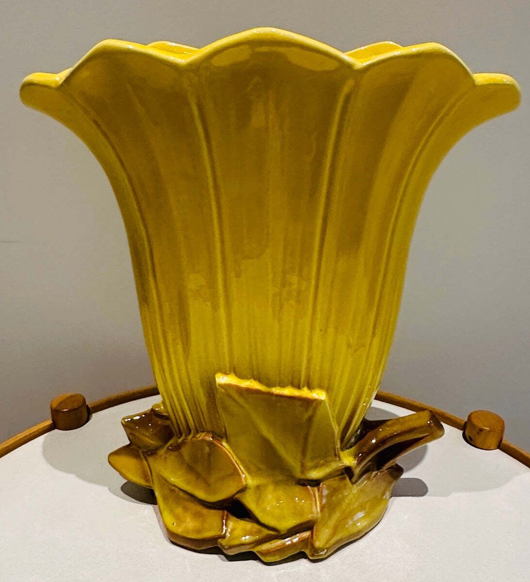 photo for sale Vintage 1950s Mccoy USA Pottery Yellow & Gold Glazed Tulip Fan Vase