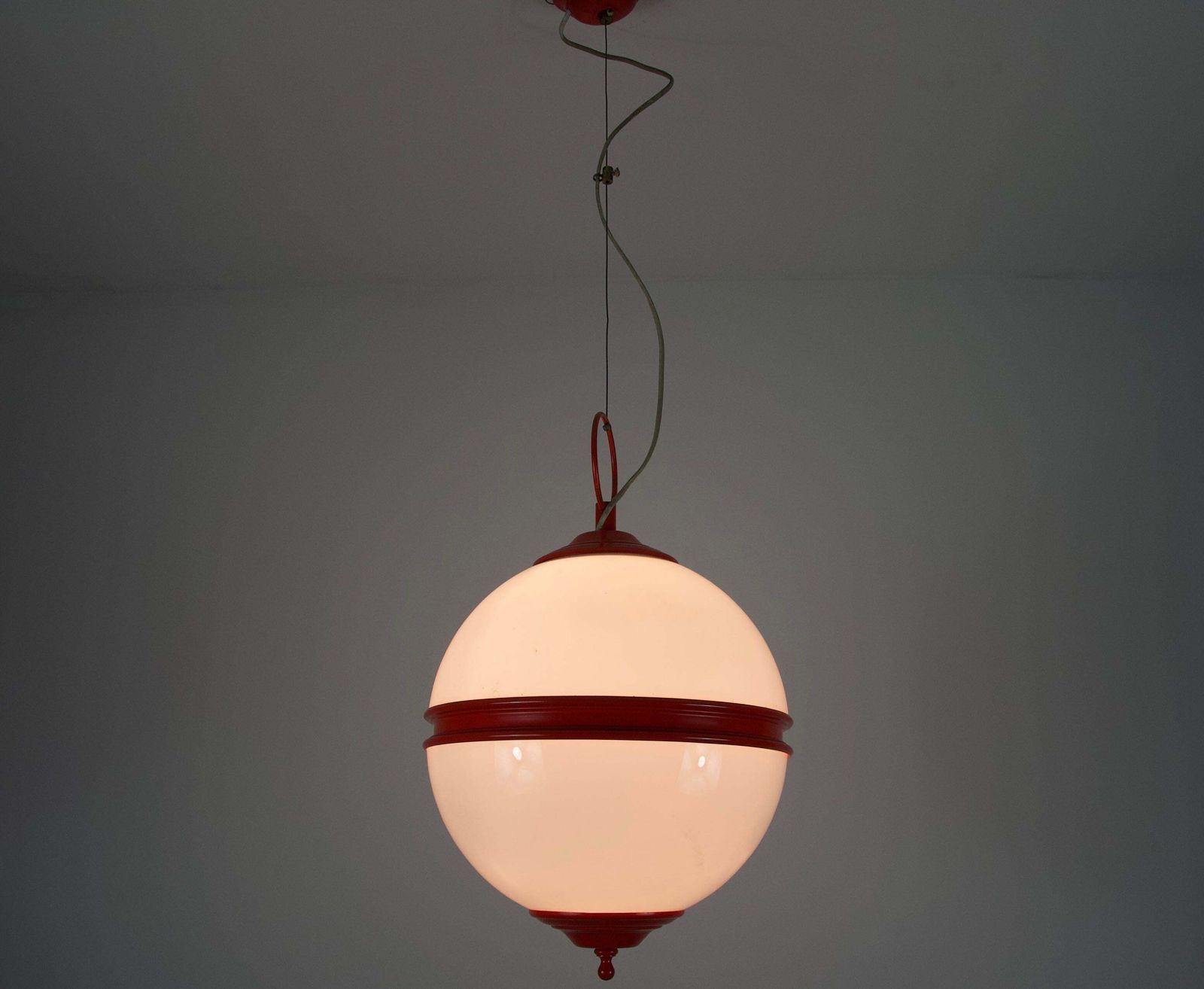 Mid Century Red Metal And Opal Glass Ceiling Lamp, Italy, 1960s photo for sale