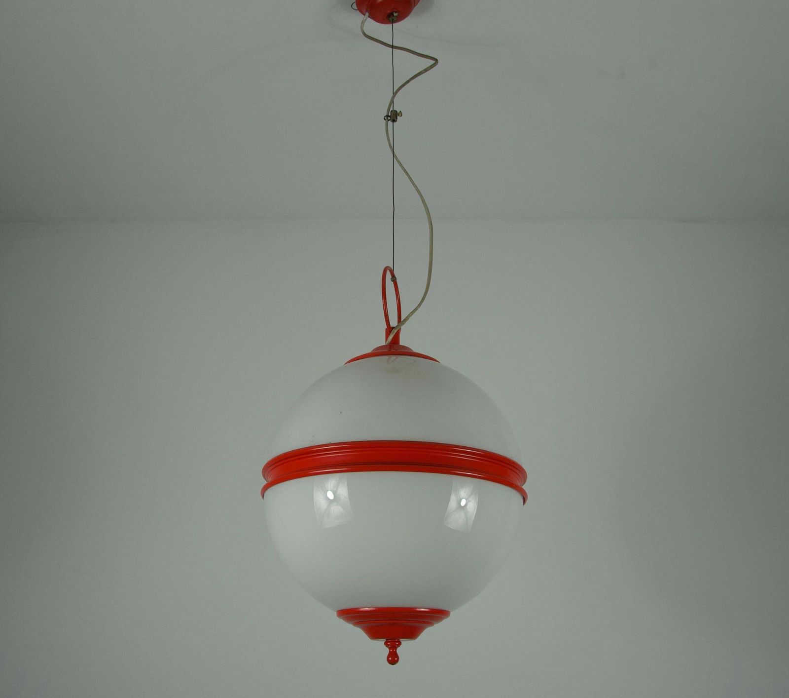 Mid Century Red Metal And Opal Glass Ceiling Lamp, Italy, 1960s photo vintage