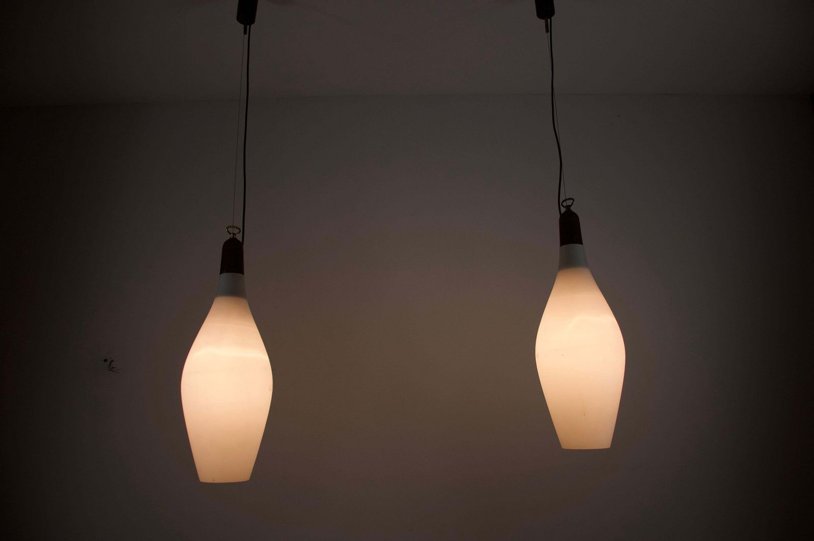 photo for sale Pair Of Mid Century Teak And Opal Glass Pendant Lamps, Italy, 1960s