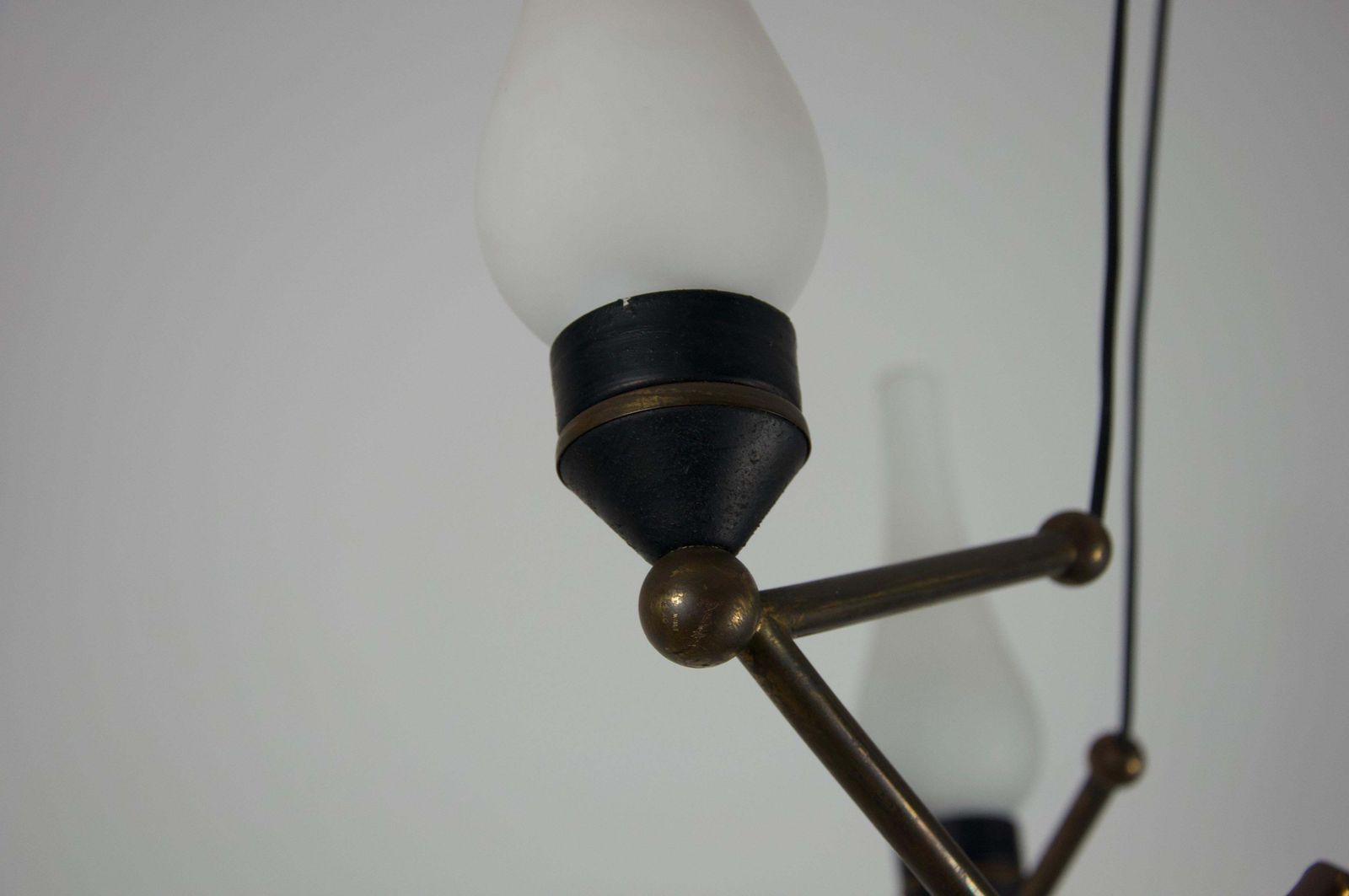 photo for sale Stilnovo Brass And Opal Glass Chandelier, Italy, 1960s