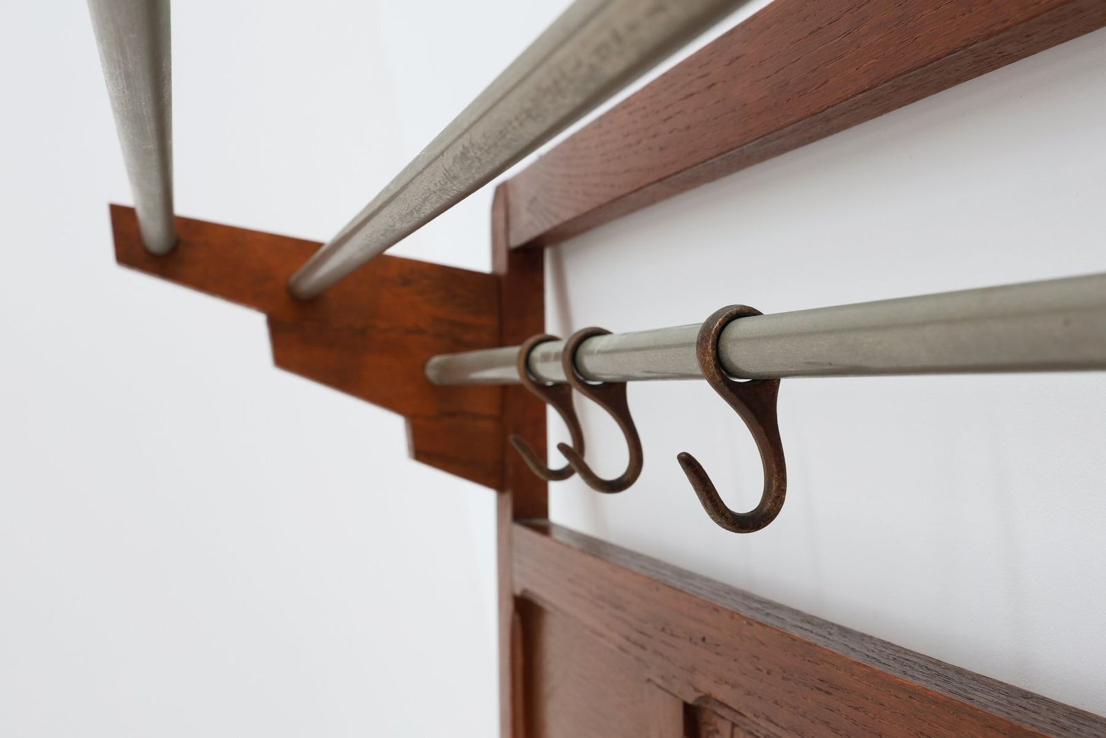 Art Deco Oak Carved Wall Coat Rack With Mirror, France, 1920s photo 1059.0