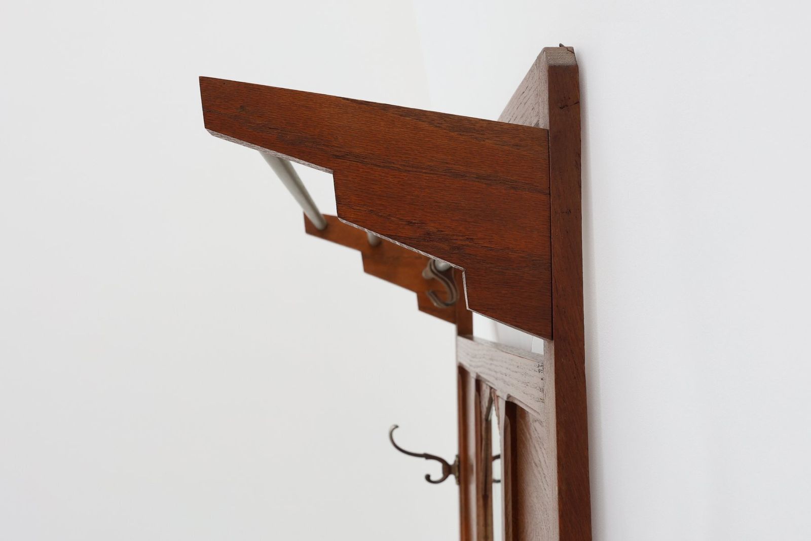 Art Deco Oak Carved Wall Coat Rack With Mirror, France, 1920s photo vintage