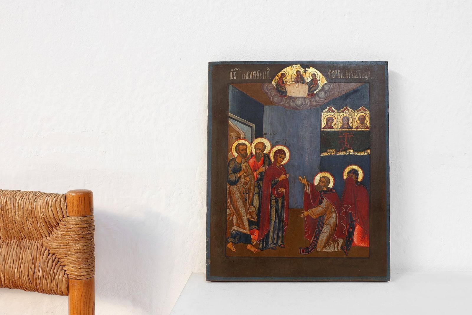 Traditional Religious Icon With Saint Healing A Sick Person, 1800s, Tempera On Wood photo furniture