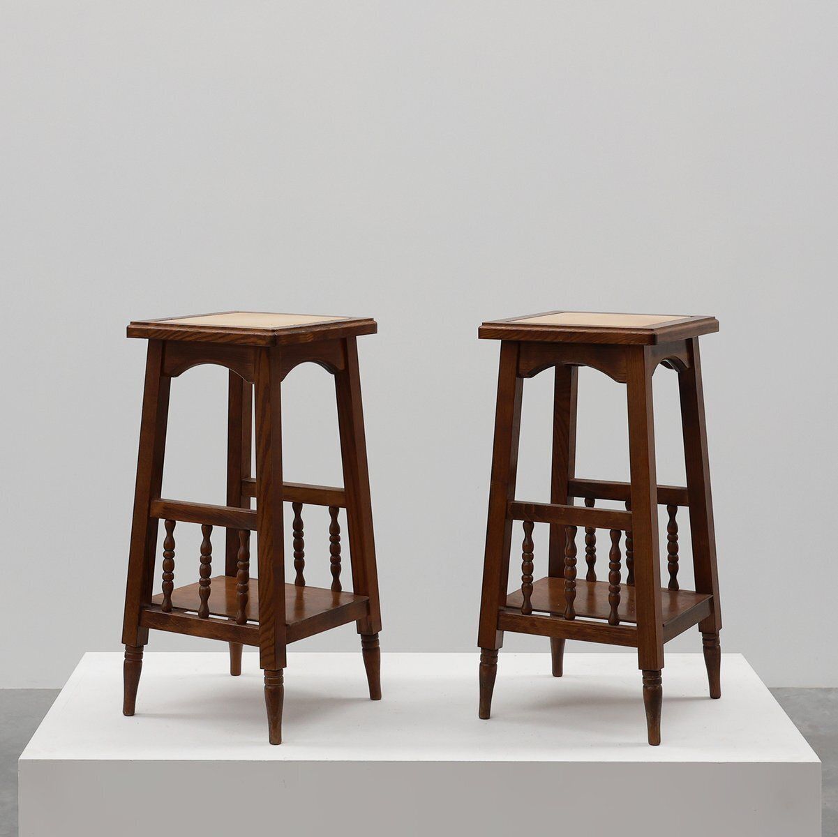 20th Century Rustic Wooden Side Tables With Ceramic Tile Top, France, 1940s, Set Of 2