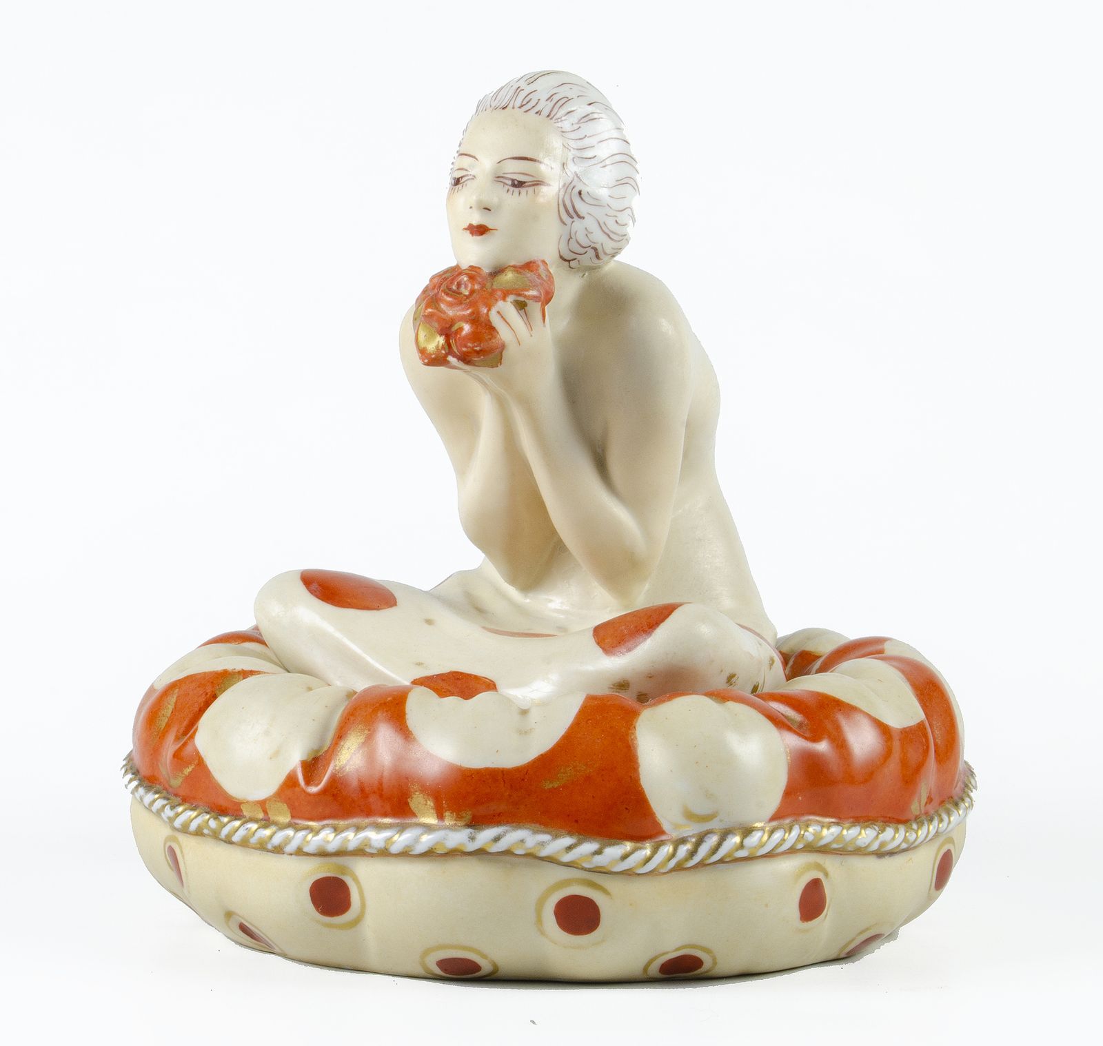 Early 20th Century Art Déco Hand Painted Ceramic Cosmetic Powder Bowl Of A Lady Sitting Over A Large Pillow By Aladin, France