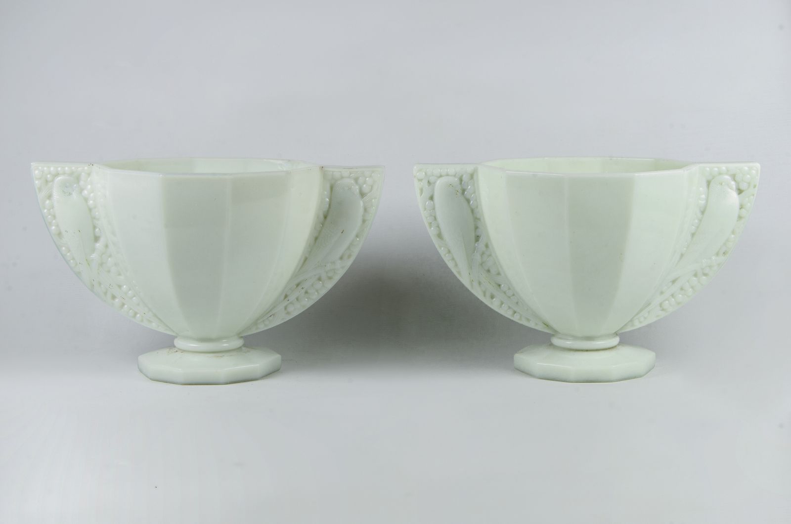 Pair Of Early 20th Century Art Déco Pale Green Opaline Glass Decorative Vases With Parrot Handles, France