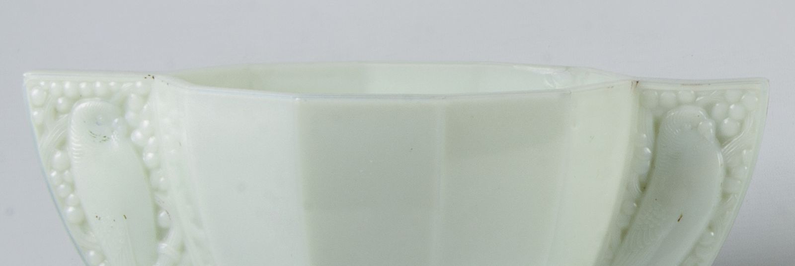 Pair Of Early 20th Century Art Déco Pale Green Opaline Glass Decorative Vases With Parrot Handles, France photo vinterior