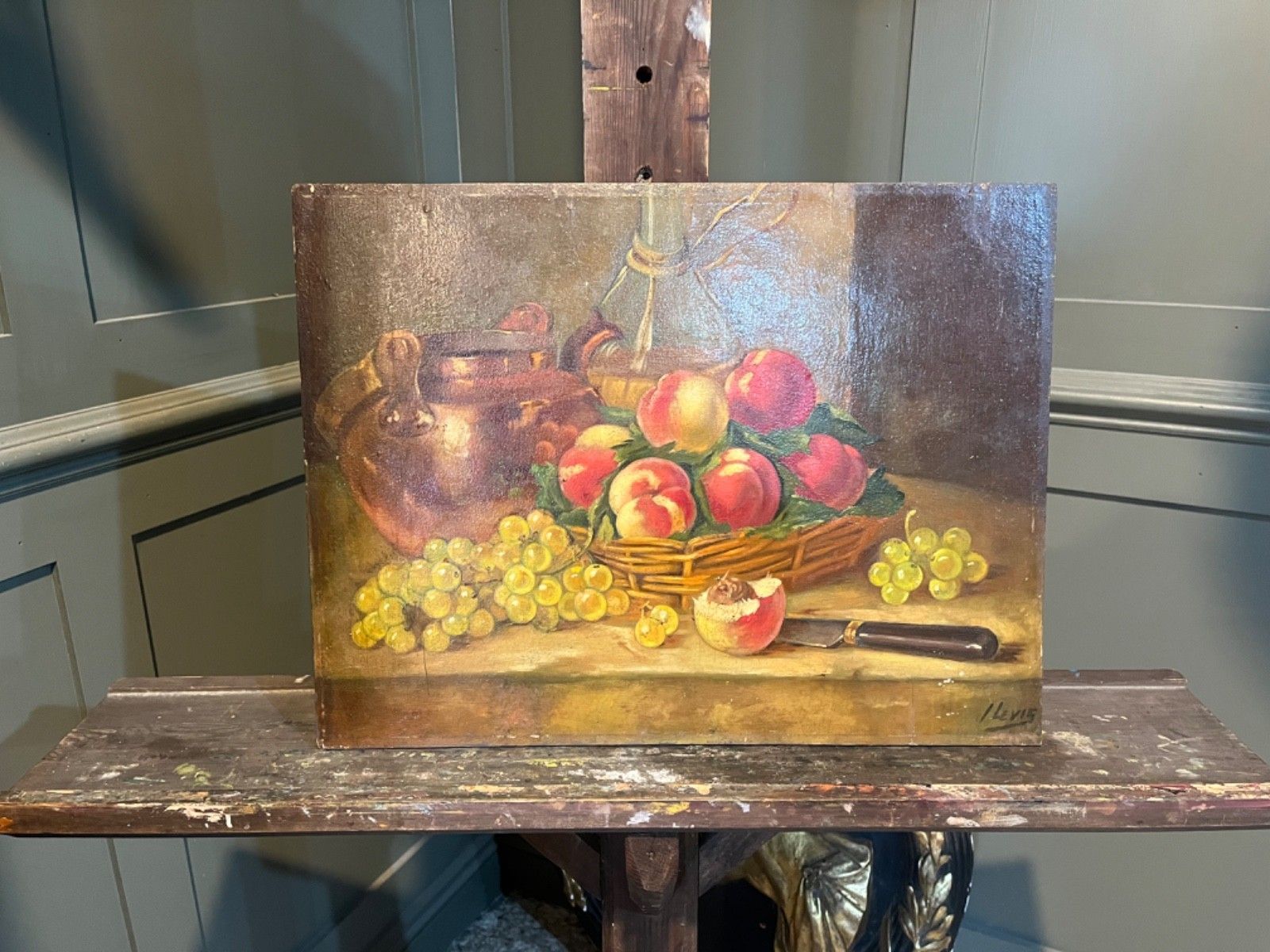 Antique Oil Painting On Board Still Life Fruit/Peaches French Origins Early 1900 photo vinterior