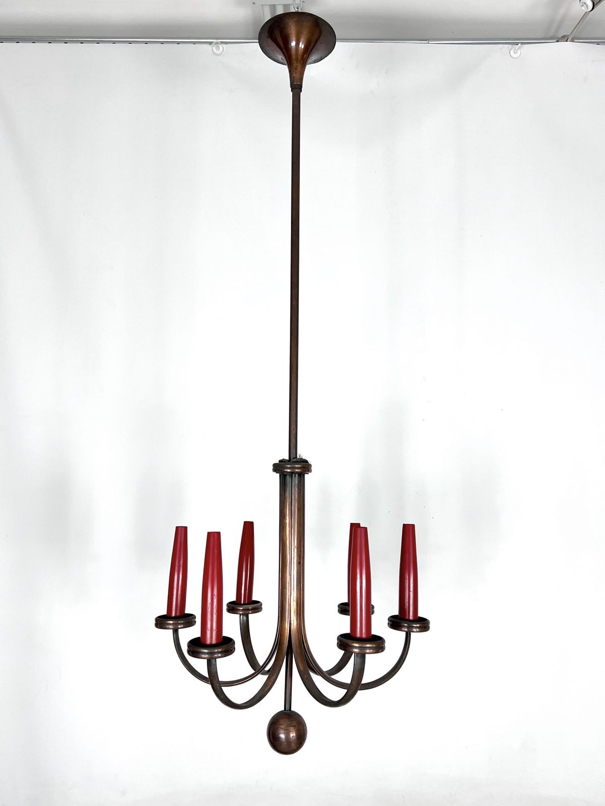 Mid Century Modern Six Arms Copper Chandelier In Gio Ponti Style. Italy 1950s