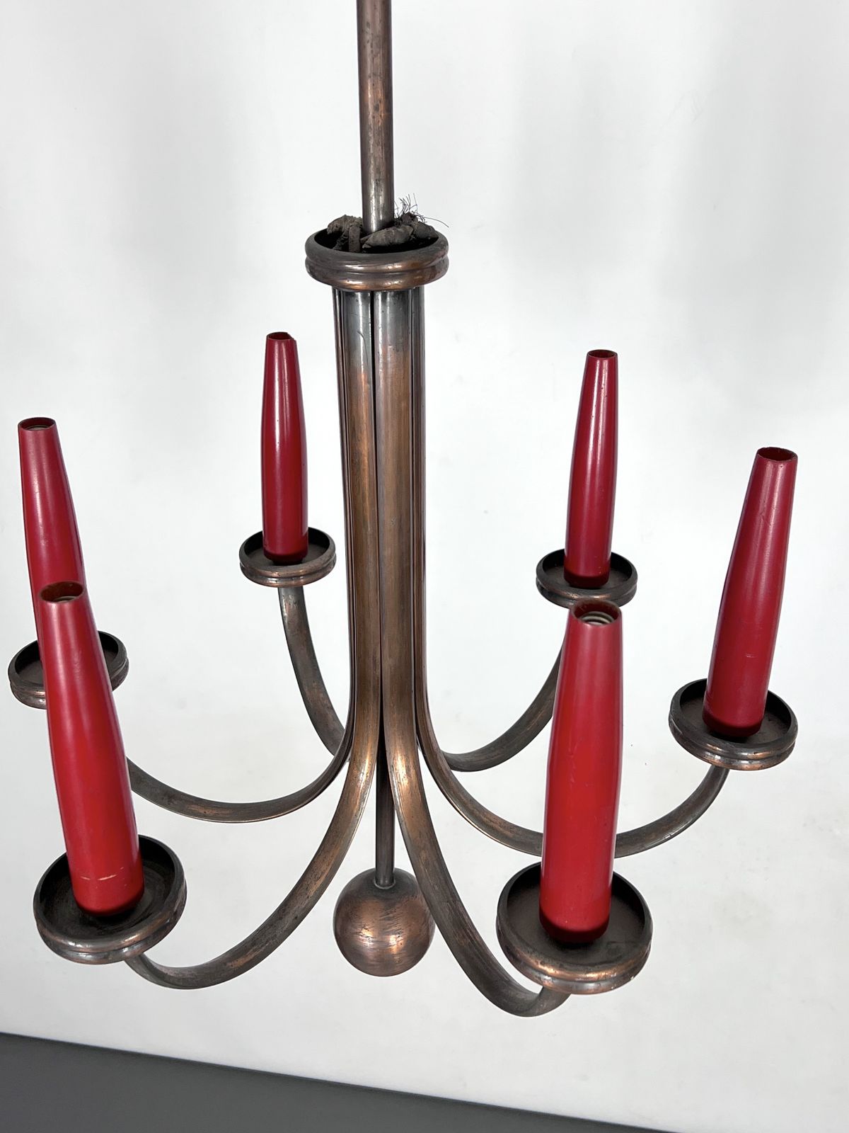 photo vinterior Mid Century Modern Six Arms Copper Chandelier In Gio Ponti Style. Italy 1950s