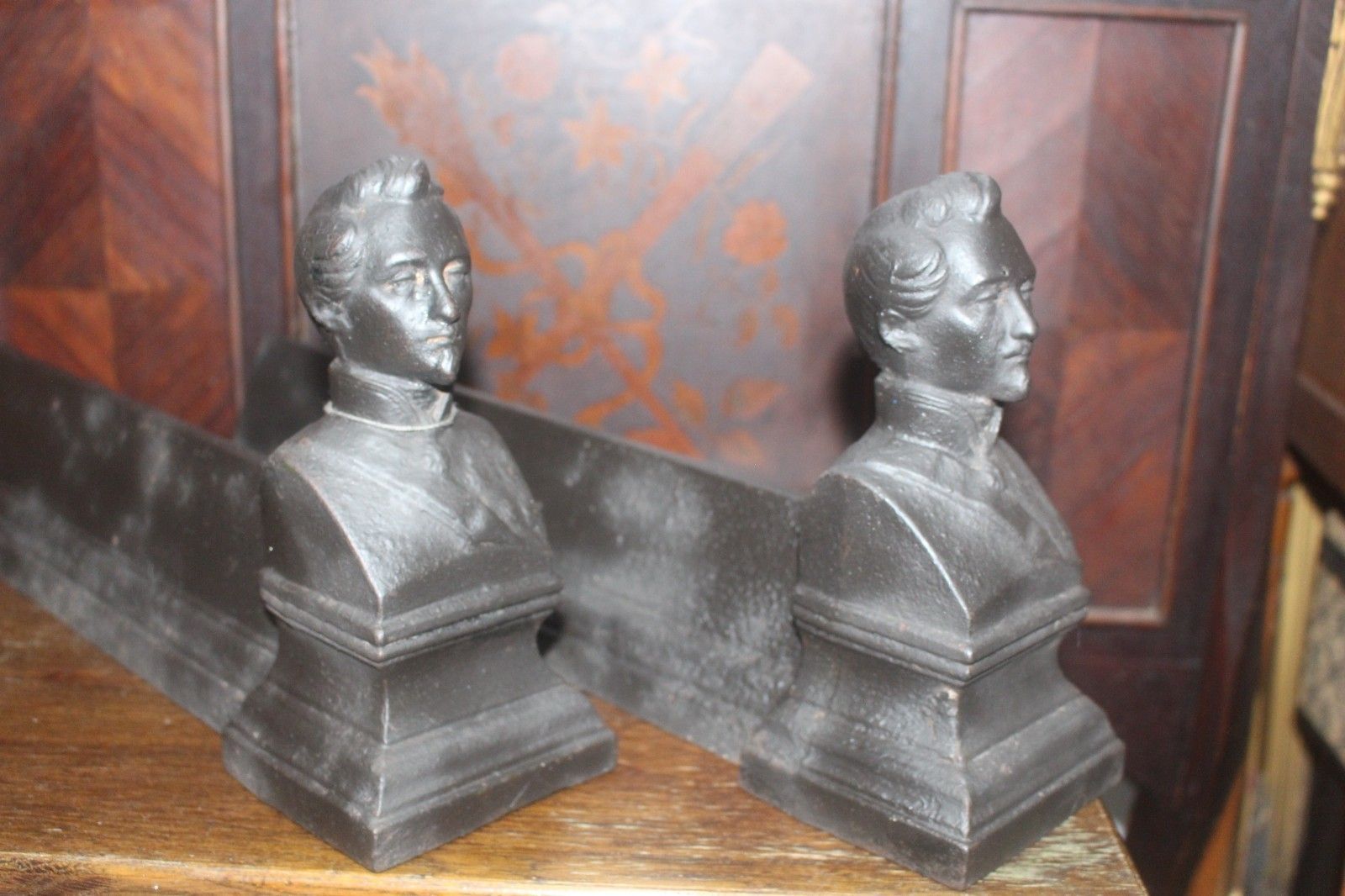 French Pair Cast Iron Andirons Firedog's 19th C Terre And Merre 42x10x21cm Male