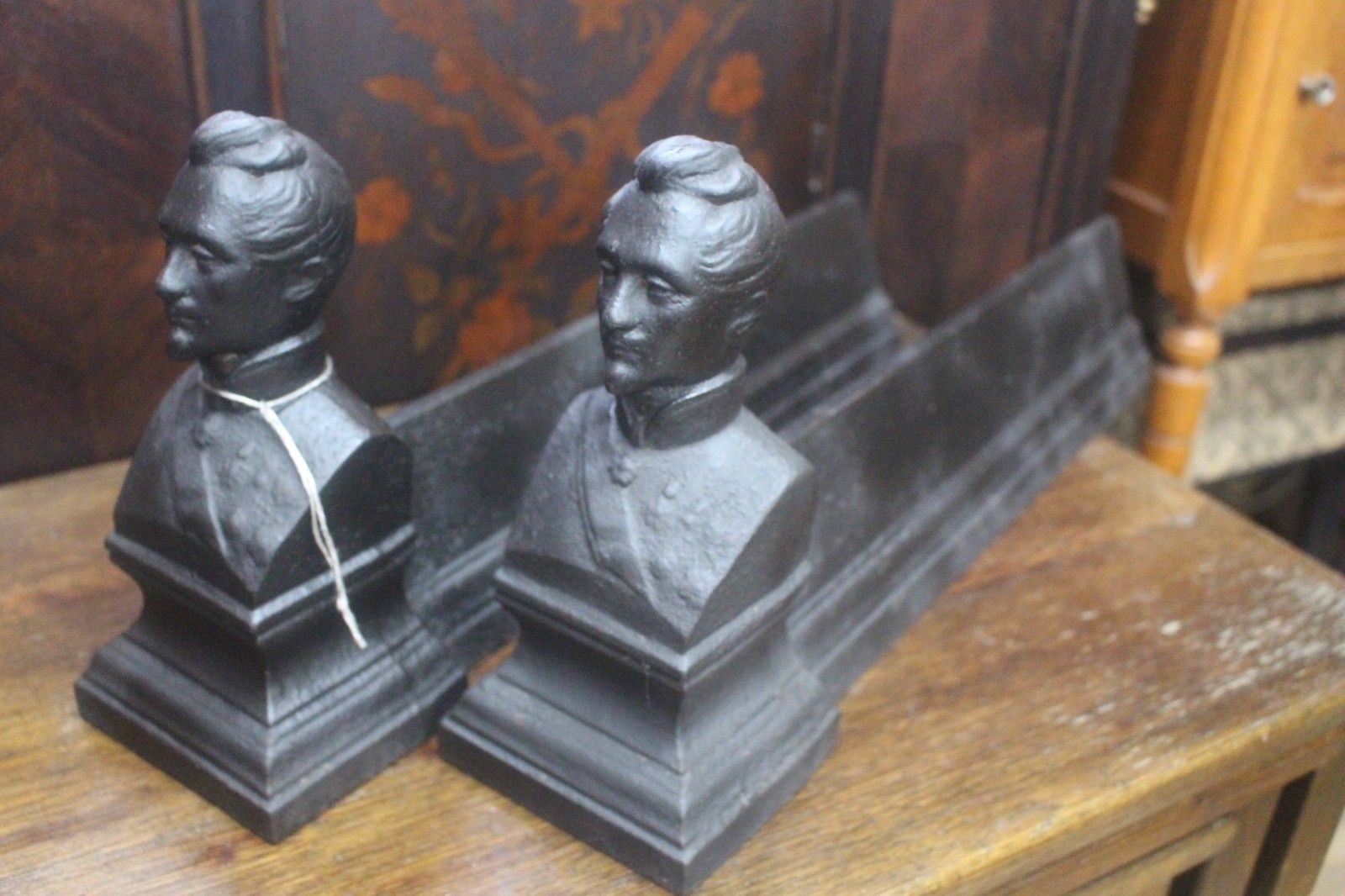French Pair Cast Iron Andirons Firedog's 19th C Terre And Merre 42x10x21cm Male photo furniture