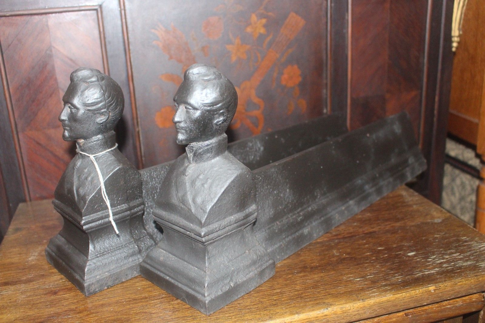 French Pair Cast Iron Andirons Firedog's 19th C Terre And Merre 42x10x21cm Male photo Home Fixtures