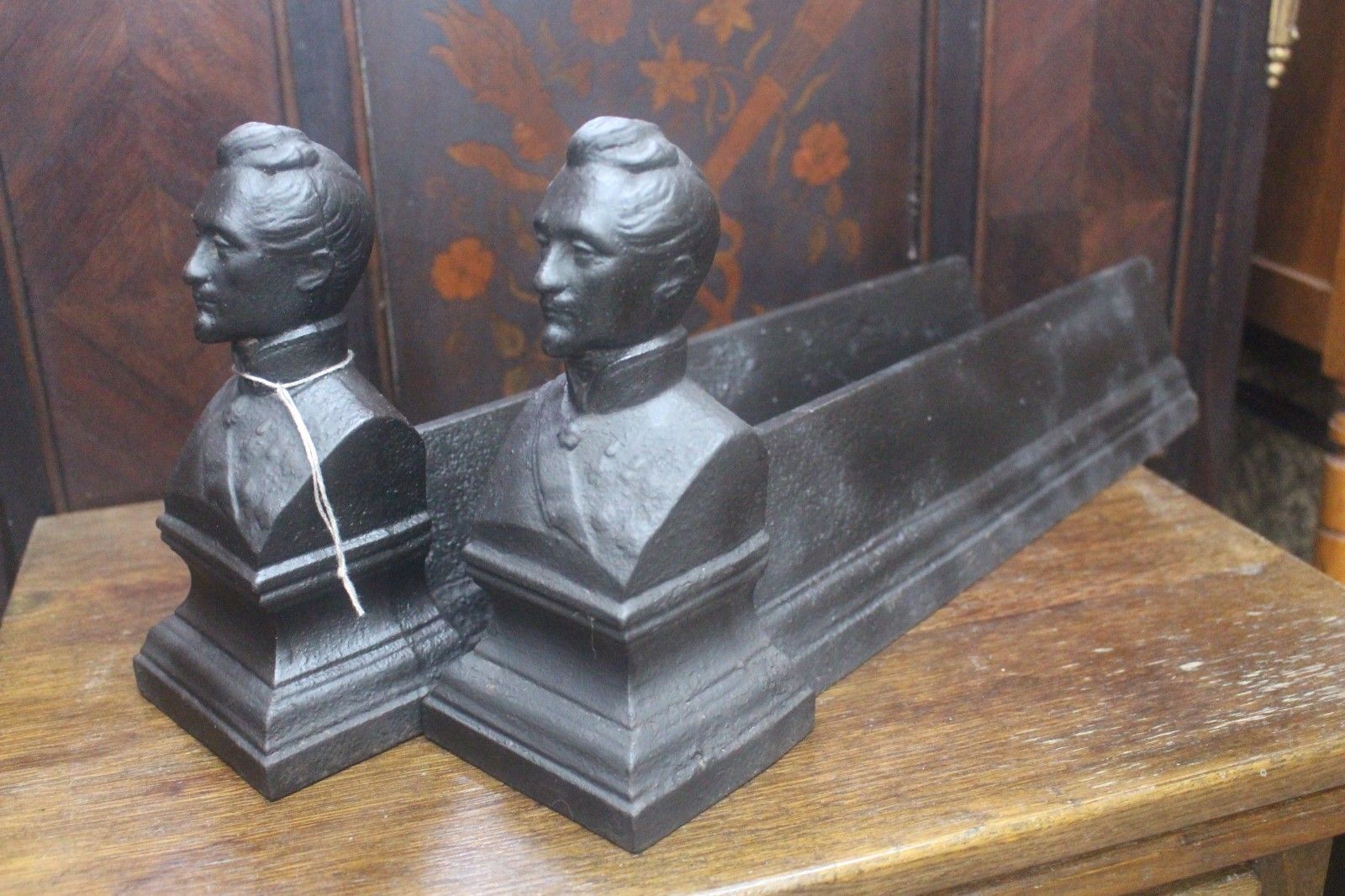 French Pair Cast Iron Andirons Firedog's 19th C Terre And Merre 42x10x21cm Male photo 102.0