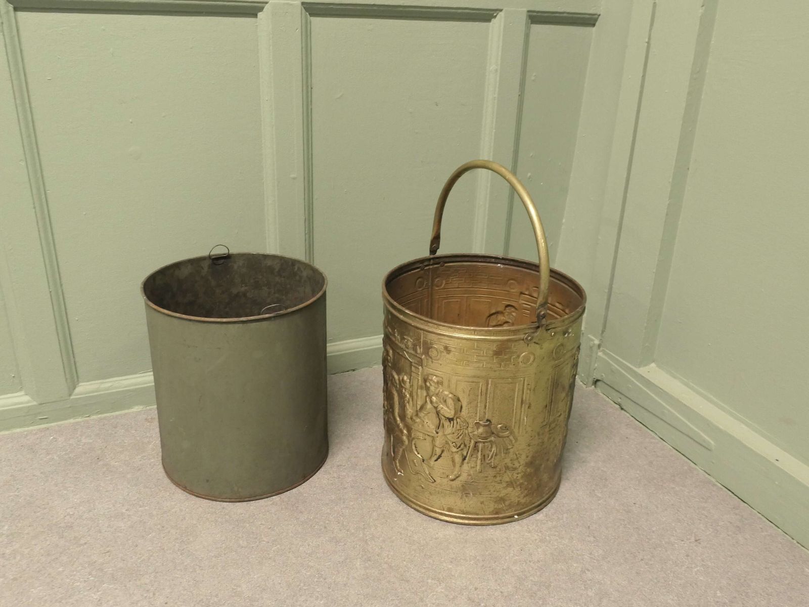 Arts And Crafts Brass Coal Bucket With Tavern Scenes photo Home Decor