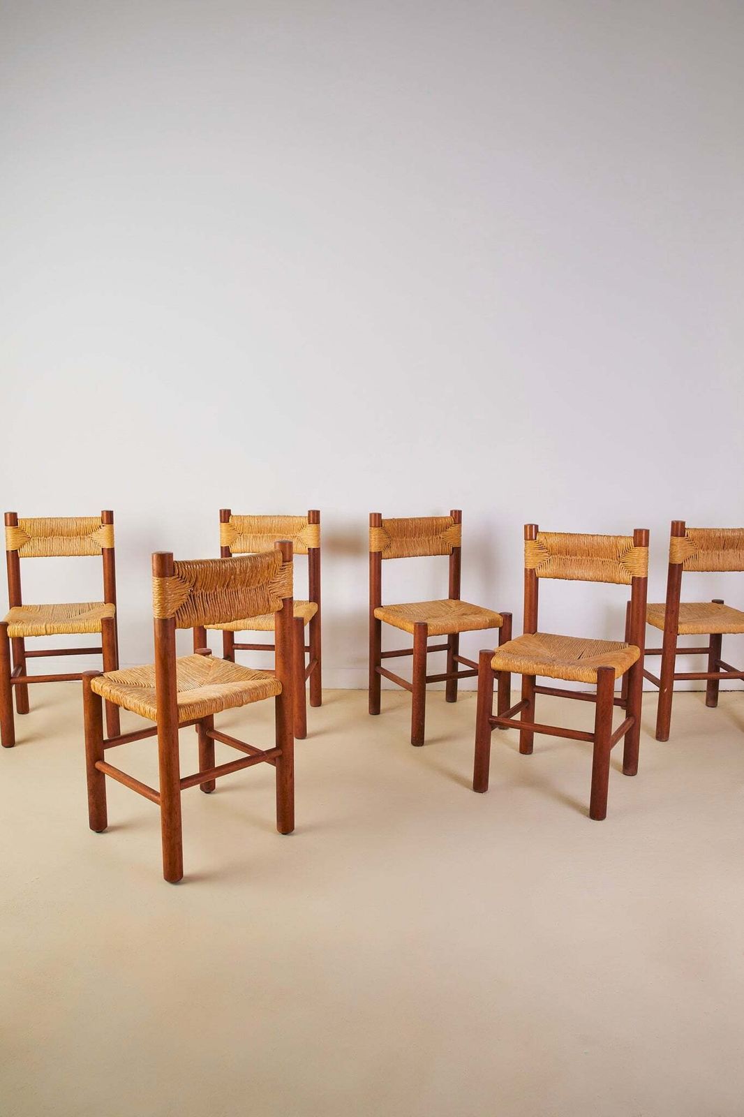 Set Of X6 French Mid Century Wood And Rush Dining Chairs