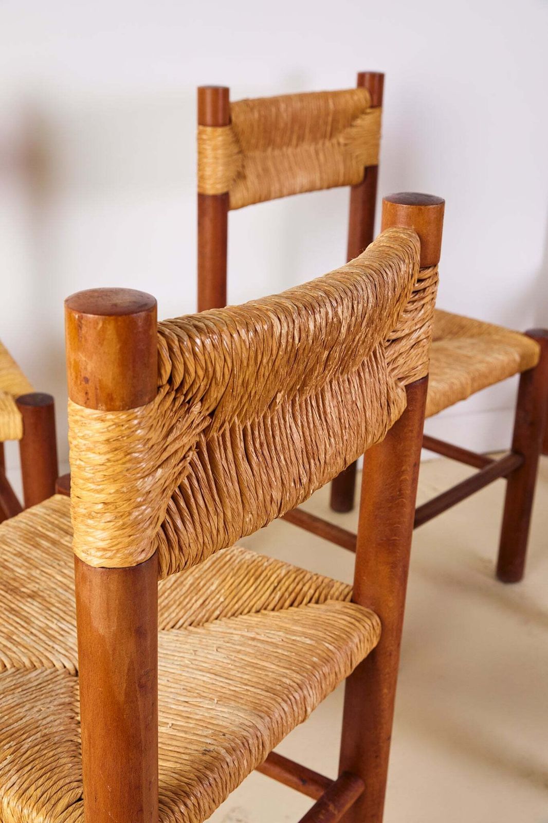 Set Of X6 French Mid Century Wood And Rush Dining Chairs photo vinterior