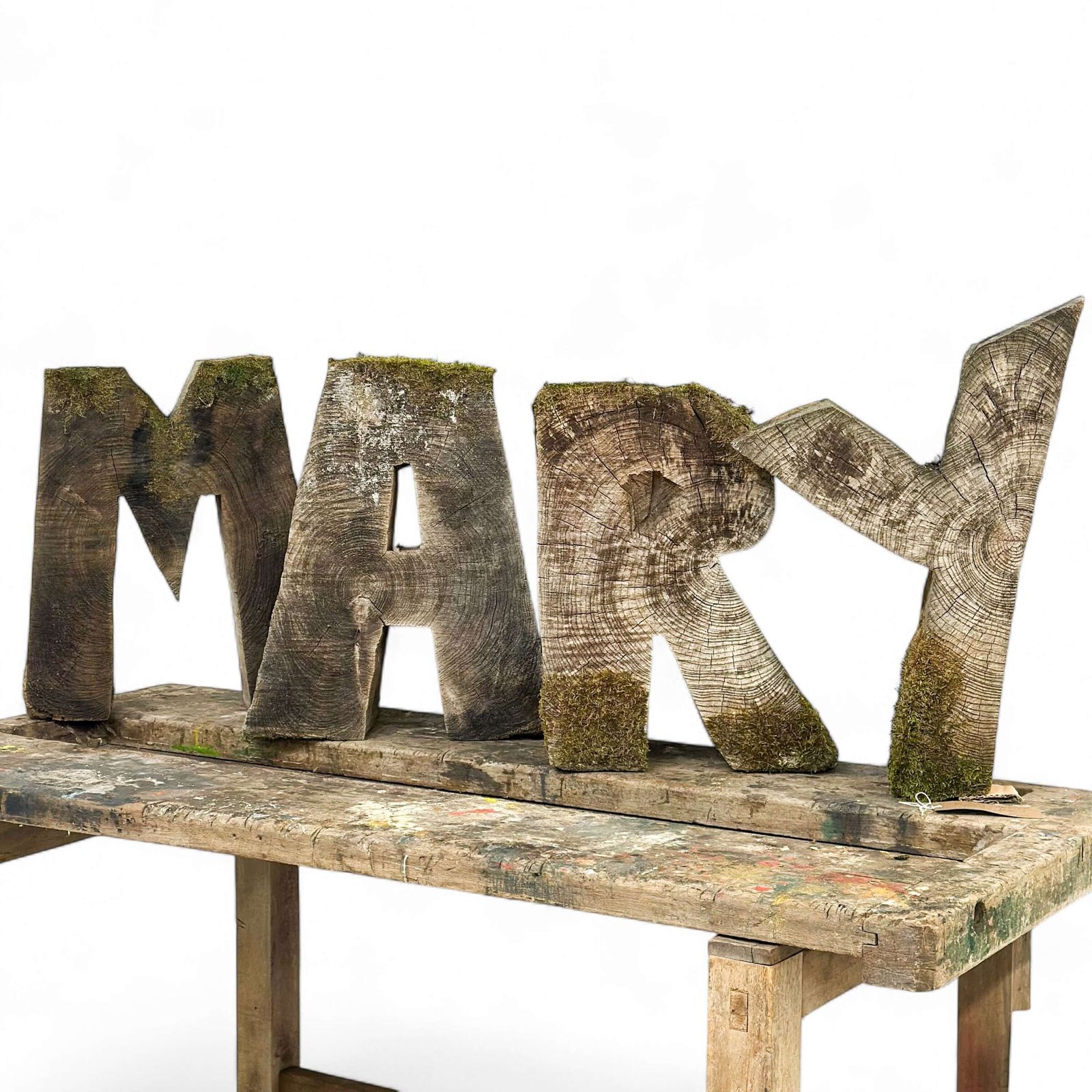 20th Century Hand Cut Decorative Wooden Mary Lettering With Natural Moss Accents
