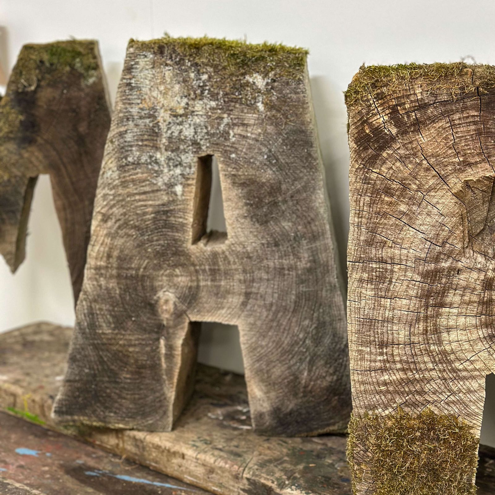20th Century Hand Cut Decorative Wooden Mary Lettering With Natural Moss Accents photo 565.0