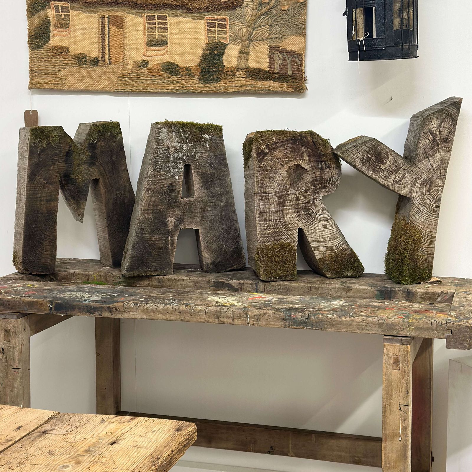 20th Century Hand Cut Decorative Wooden Mary Lettering With Natural Moss Accents photo buy