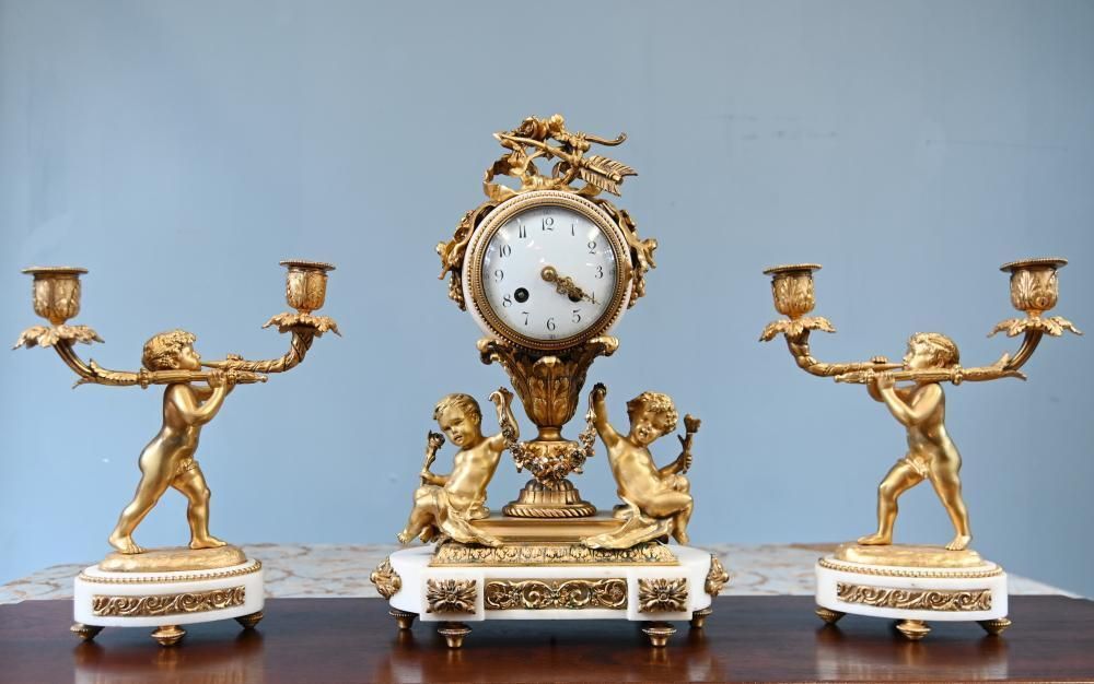 French Gilt Clock Set Garniture Cherub Candelabras Louis XV